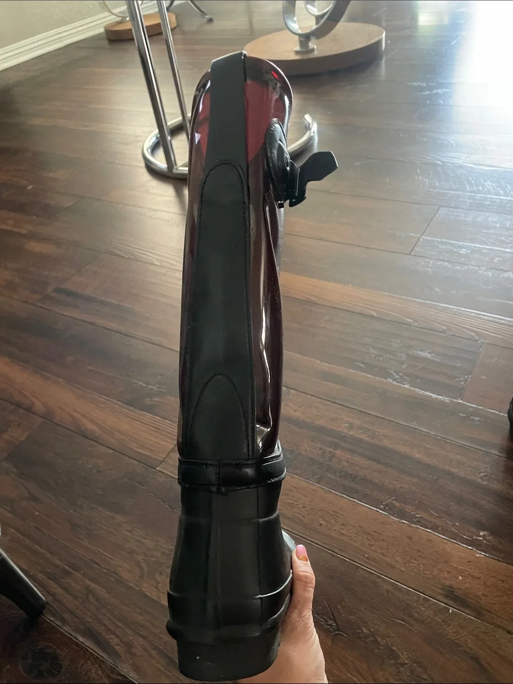 Hunter women’s  Black and Burgundy Glass Tall Rain Boots